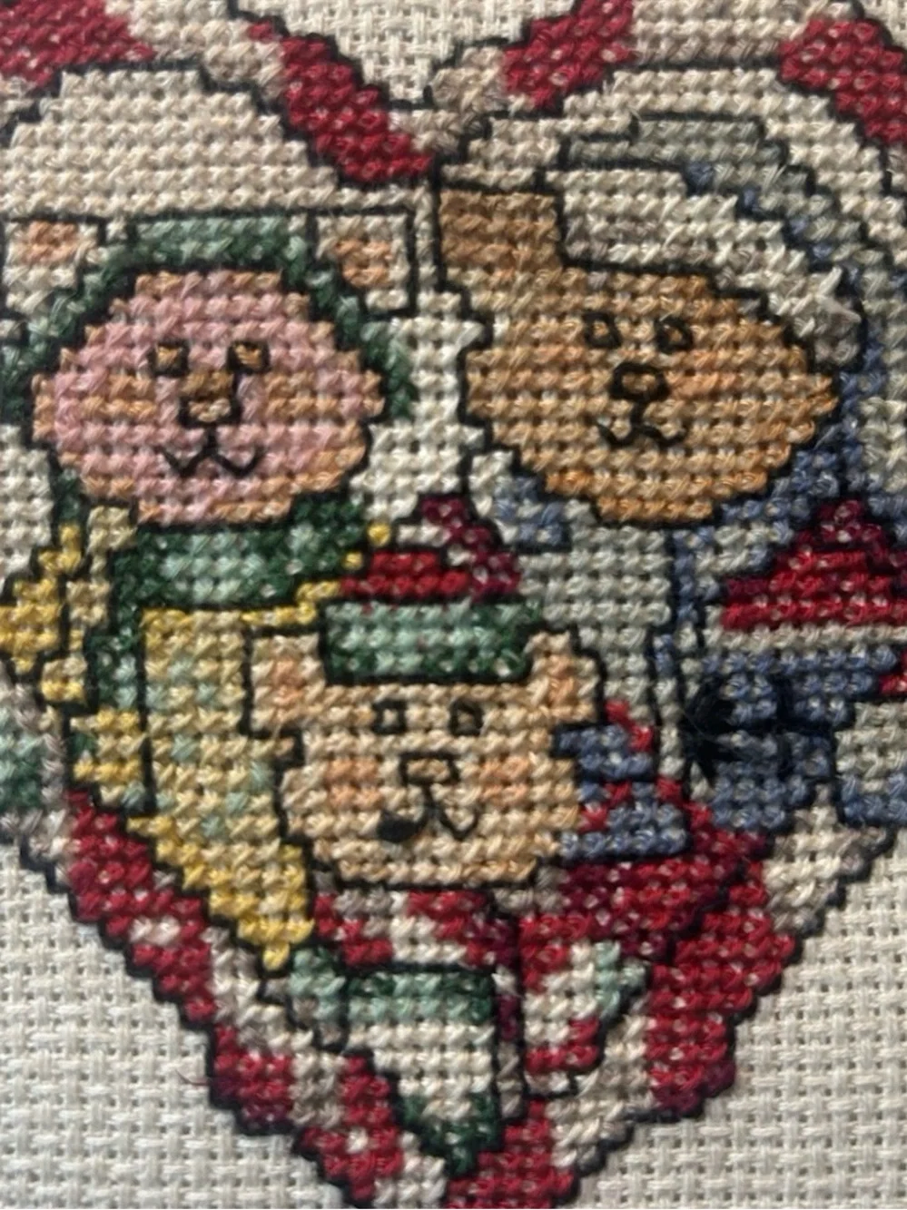 Vintage Cross Stitch Cat Christmas Pillow Handmade Patchwork Quilted 15”